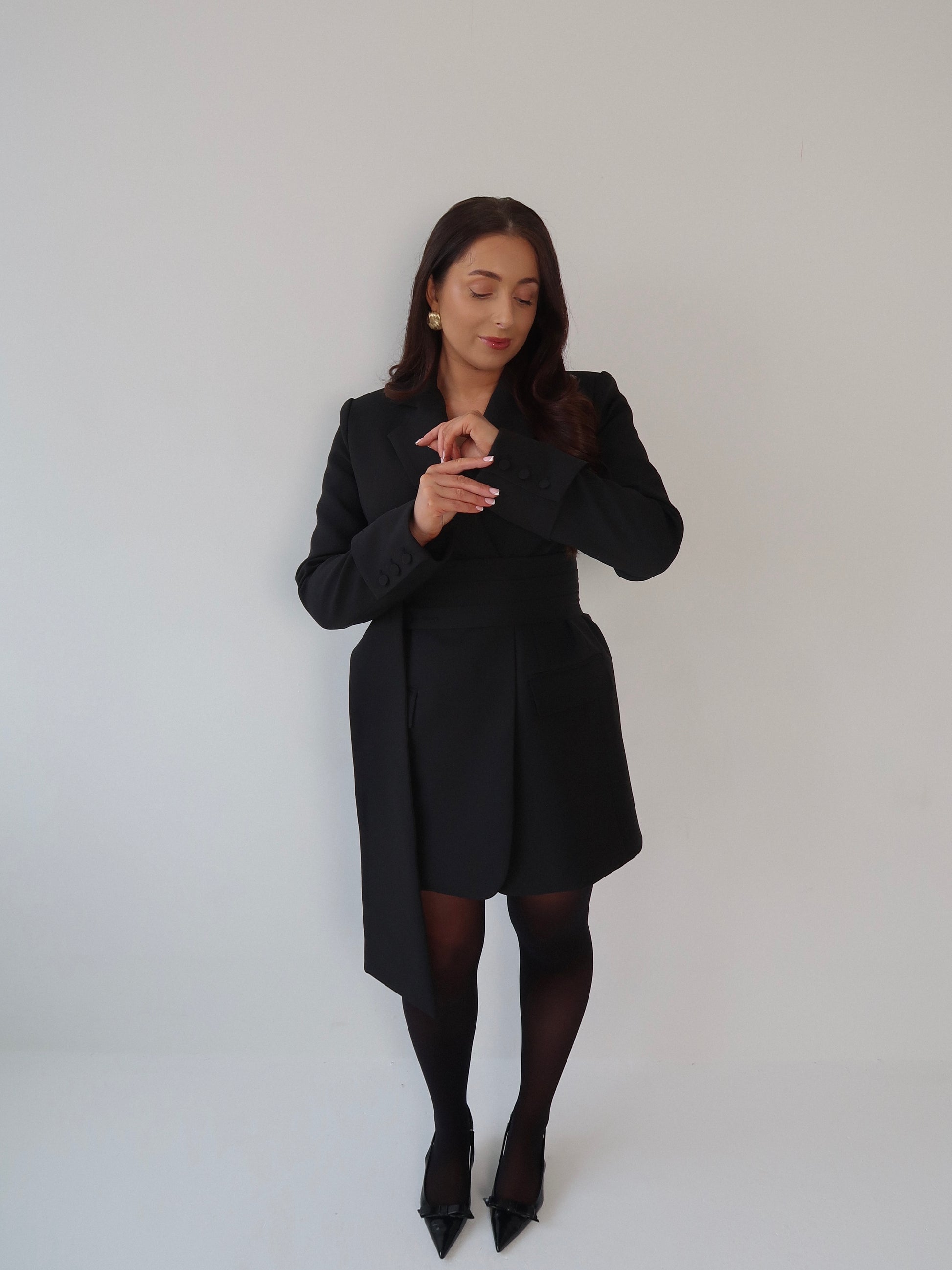 Black Dress, Little Black Dress, LBD, Blazer Dress, Tailored Dress. Belted Dress,Long Sleeve Dress, Chic Dress, Womens Blazer, Womens Blazer Dress, Camel Outfit, Camel Dress, Black Blazer, Black Dress,