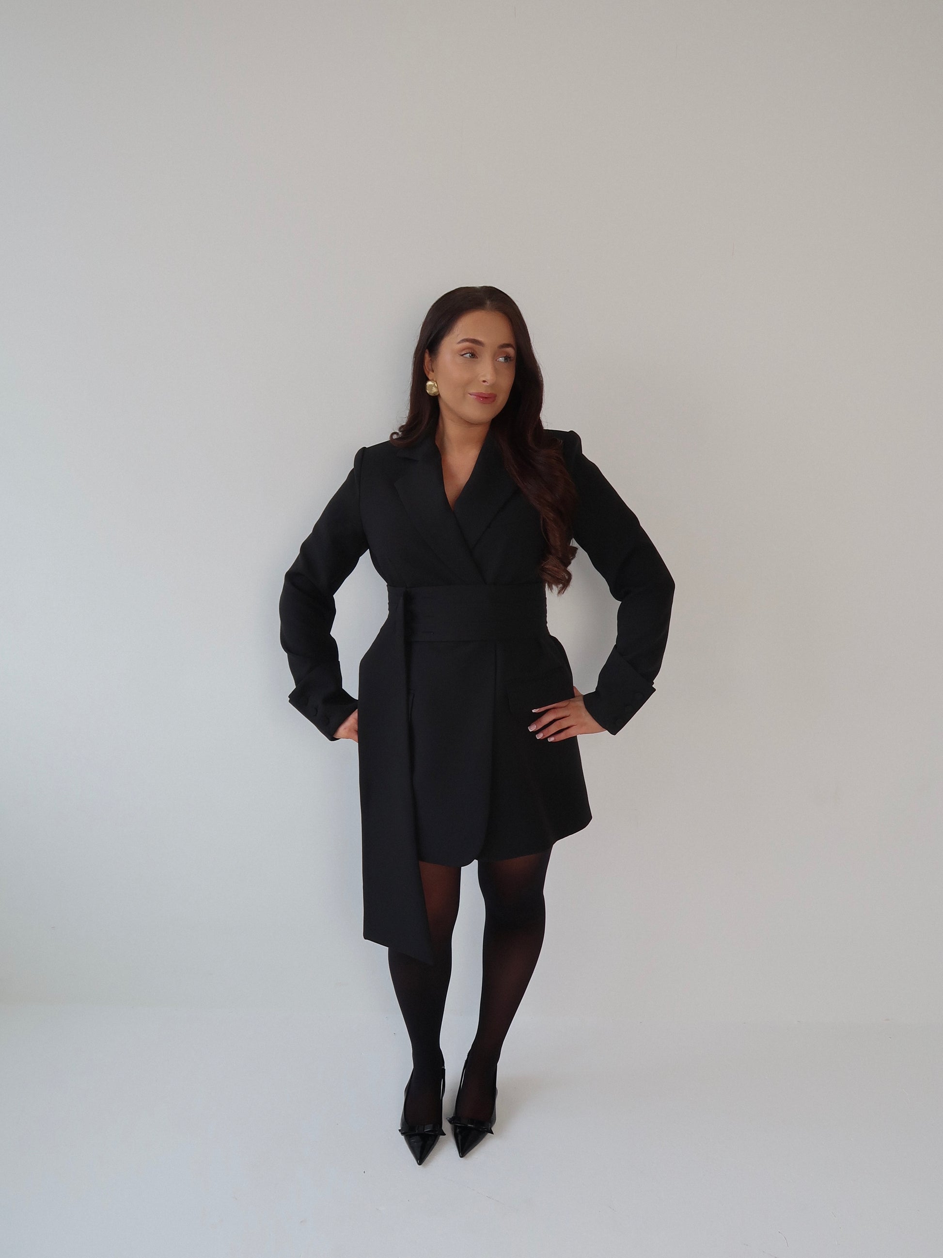 Black Dress, Little Black Dress, LBD, Blazer Dress, Tailored Dress. Belted Dress,Long Sleeve Dress, Chic Dress, Womens Blazer, Womens Blazer Dress, Camel Outfit, Camel Dress, Black Blazer, Black Dress,