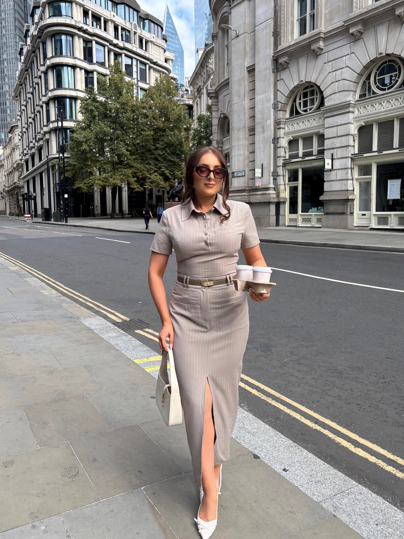 Tailoring Sculpting Polo Top | Taupe Pinstripe