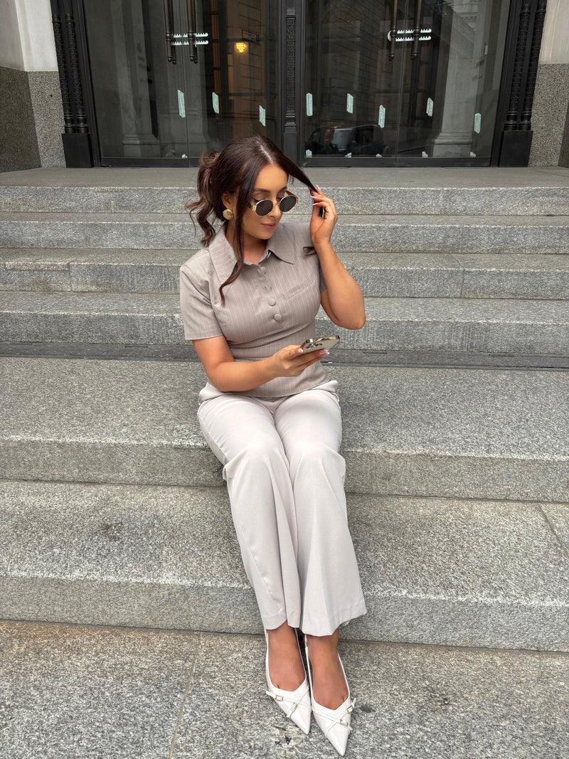 Tailoring Sculpting Polo Top | Taupe Pinstripe