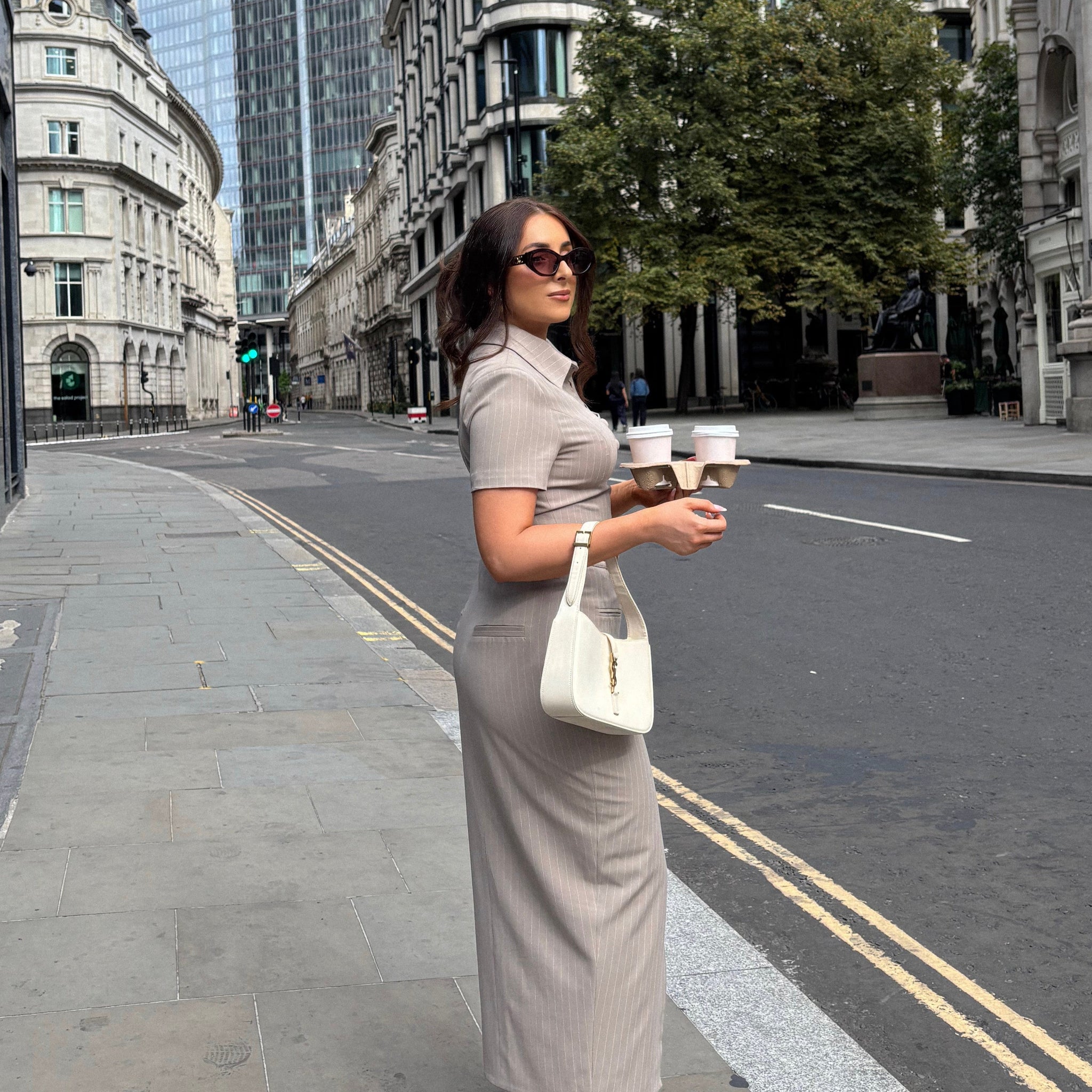 High Waisted Sculpted Midaxi Skirt | Taupe Pinstripe