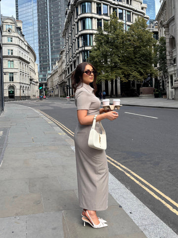 High Waisted Sculpted Midaxi Skirt | Taupe Pinstripe