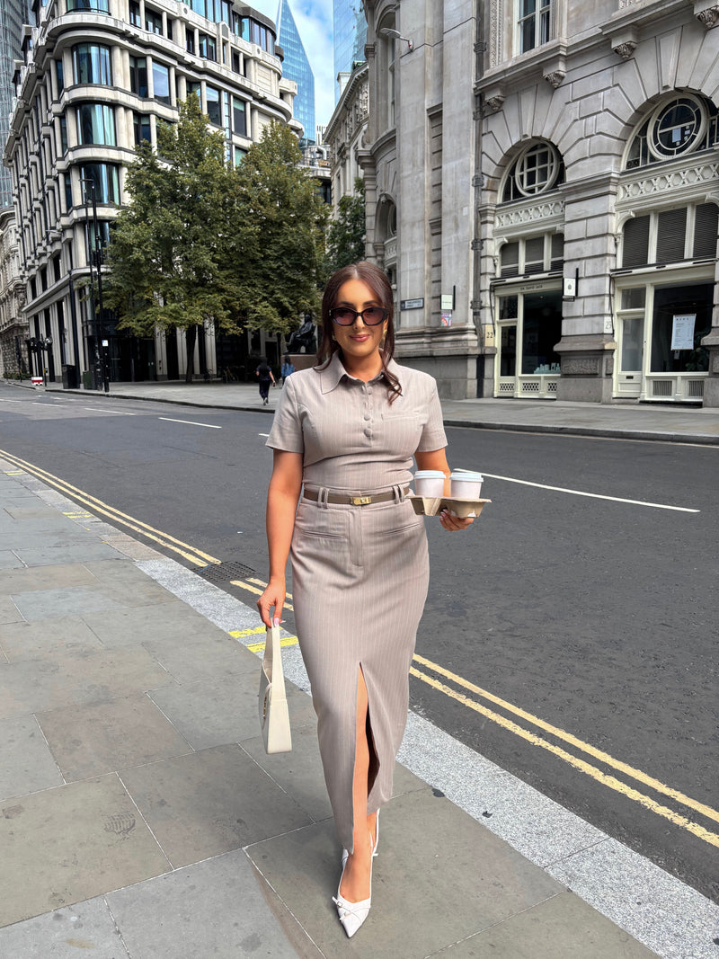 Tailoring Sculpting Midaxi Skirt | Taupe Pinstripe