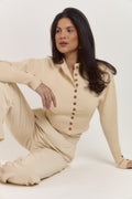 Mid-length almond latte cardigan with sculpting silhouette, triple button cuffs and soft luxurious knit