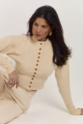 Luxury almond latte knit cardigan with waist shaping design, statement buttons and soft cosy texture