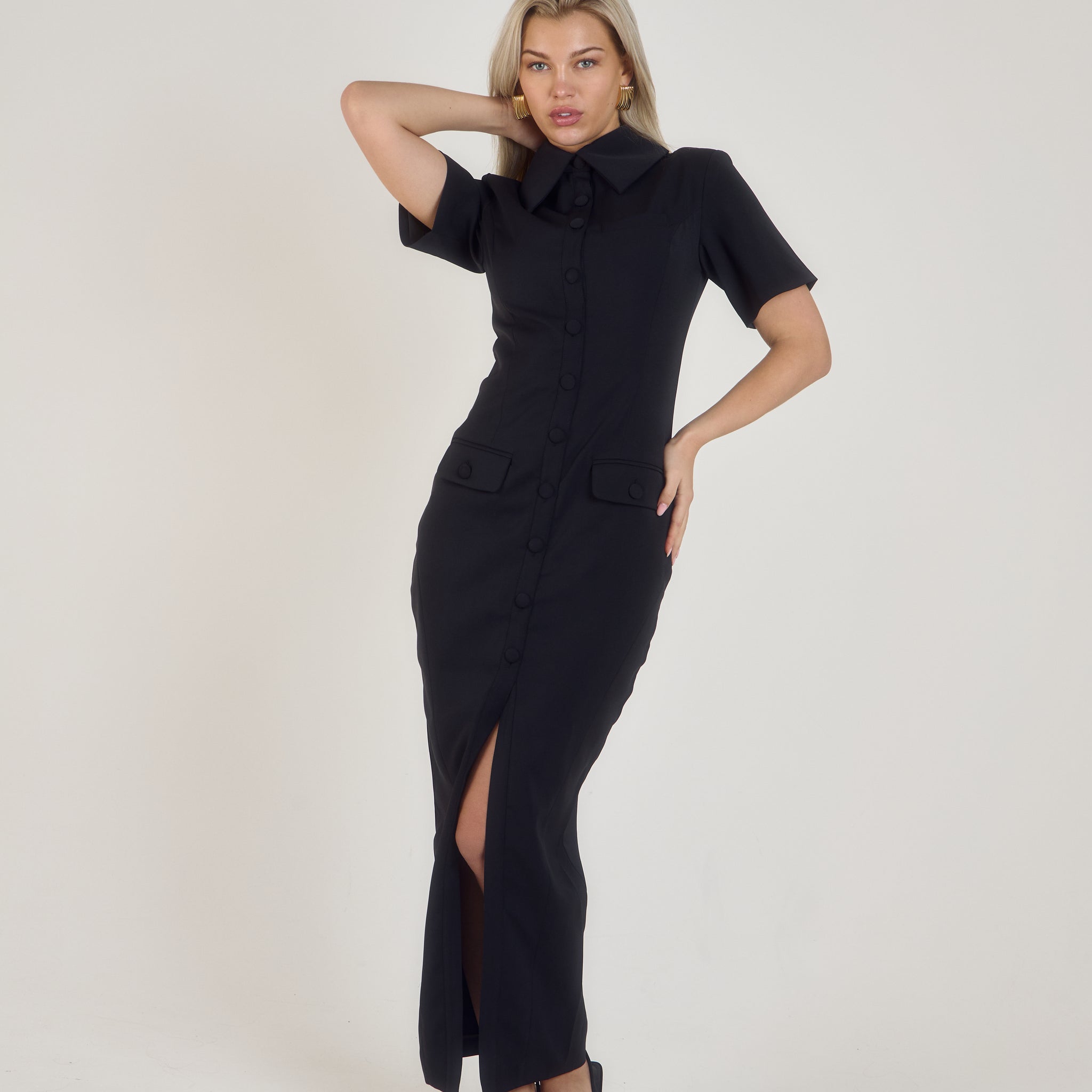 Short Sleeve Sculpting Buttoned Maxi Dress | Classic Noir