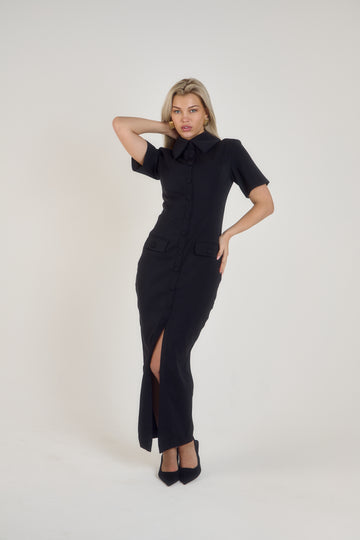 Short Sleeve Sculpting Buttoned Maxi Dress | Classic Noir