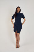 Ardore London Sculpting Short Sleeve Buttoned Knee Length Dress in Midnight Bleu, offering a polished, office-ready look with flattering curved seams, structured collar, and functional pockets for a sleek, professional appearance