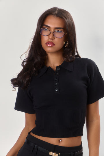Structured Sculpting Knitted Polo | Classic Noir