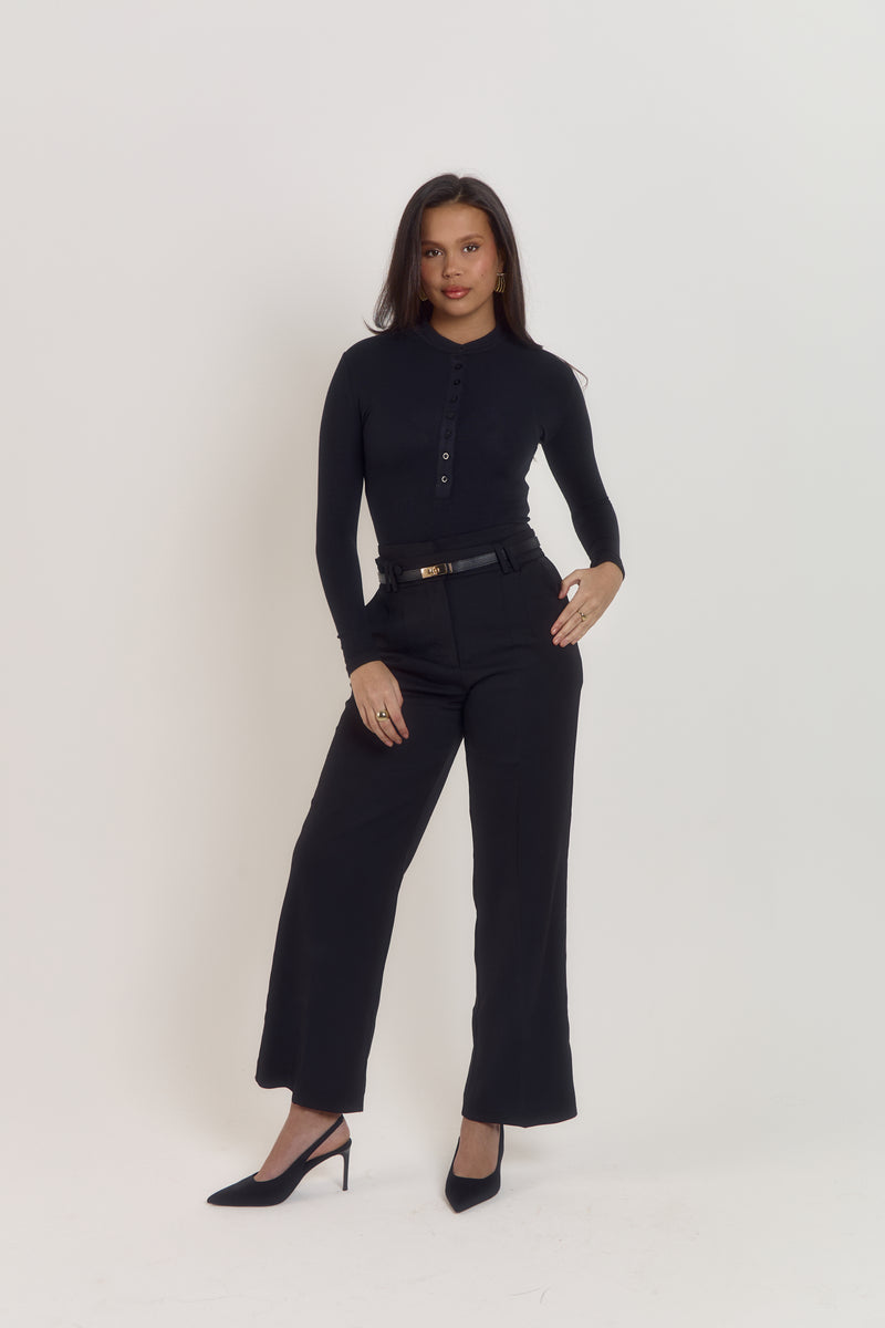 Ribbed Second Skin Buttoned Bodysuit | Classic Noir