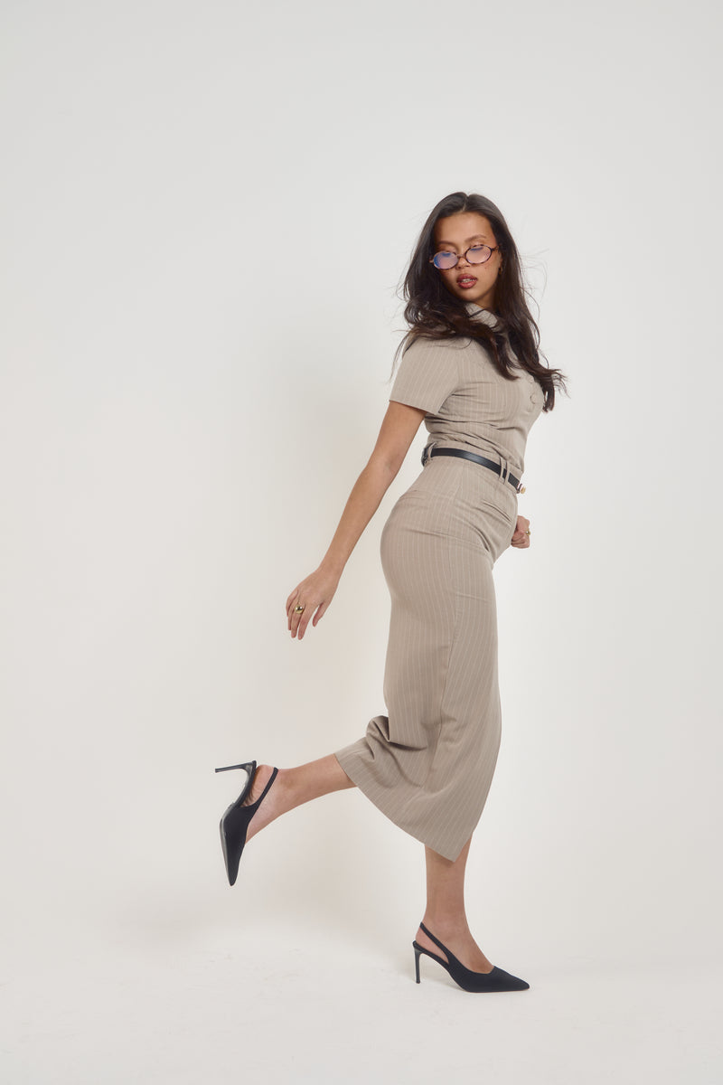 Tailoring Sculpting Midaxi Skirt | Taupe Pinstripe