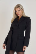 Belted Blazer Dress in Classic Noire by Ardore London, featuring a cinched waist with a tailored belt, structured shoulders, and sharp lapels — a bold and versatile piece perfect for elevated office style and chic evening wear.