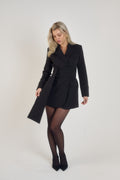 Belted Blazer Dress in Classic Noire by Ardore London, featuring a cinched waist with a tailored belt, structured shoulders, and sharp lapels — a bold and versatile piece perfect for elevated office style and chic evening wear.