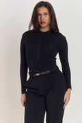 Black cotton rib Henley bodysuit with breathable fabric and second skin fit.