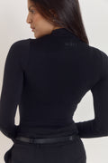 Thick sculpting fabric black bodysuit designed for shaping and support.