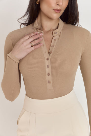 Women’s tan long sleeve cotton rib bodysuit styled for smart casual wear.