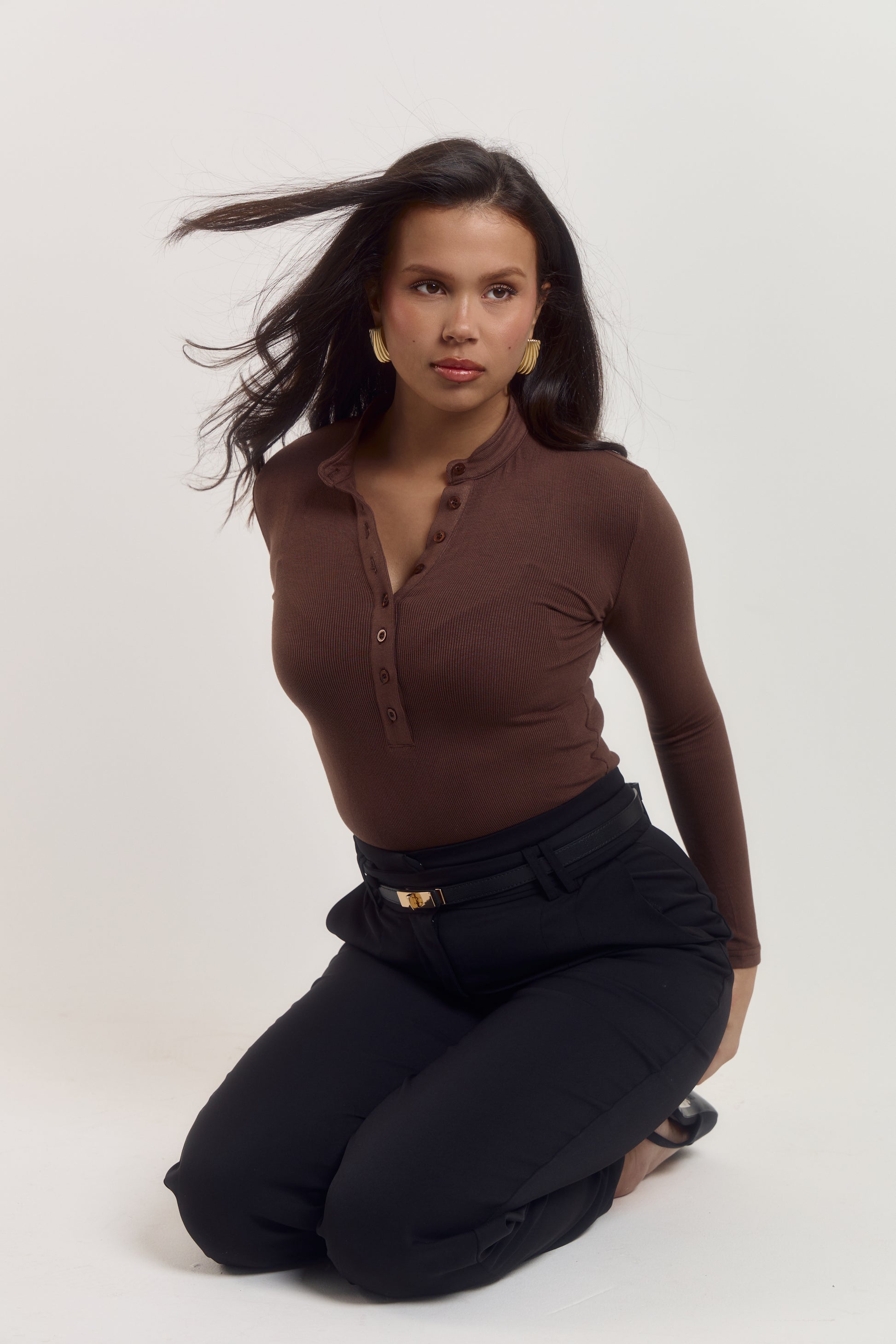 Cocoa Créme cotton rib bodysuit styled for casual and smart casual outfits.
