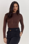 : Cocoa Créme cotton rib Henley bodysuit with breathable fabric and second skin fit.