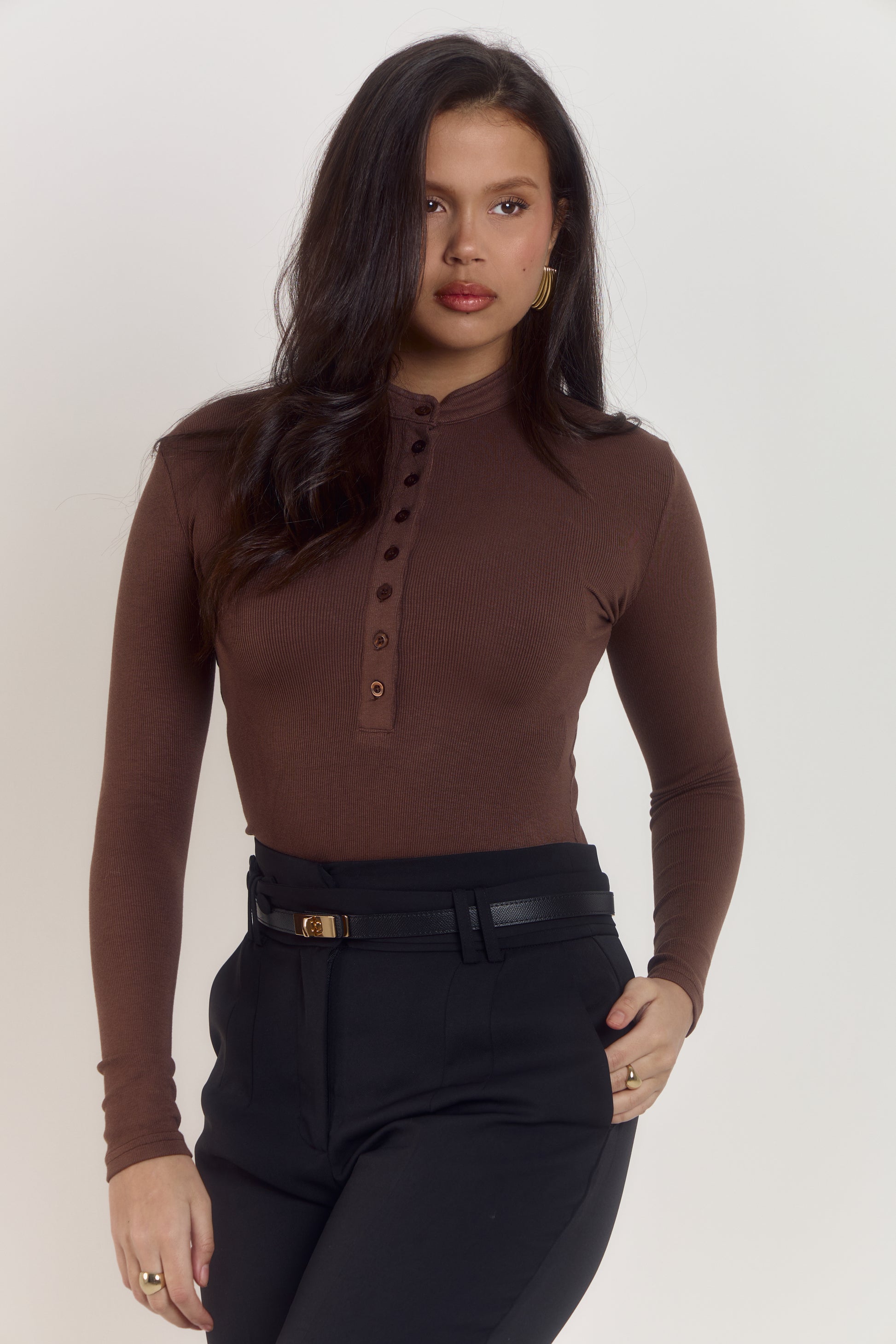 : Cocoa Créme cotton rib Henley bodysuit with breathable fabric and second skin fit.