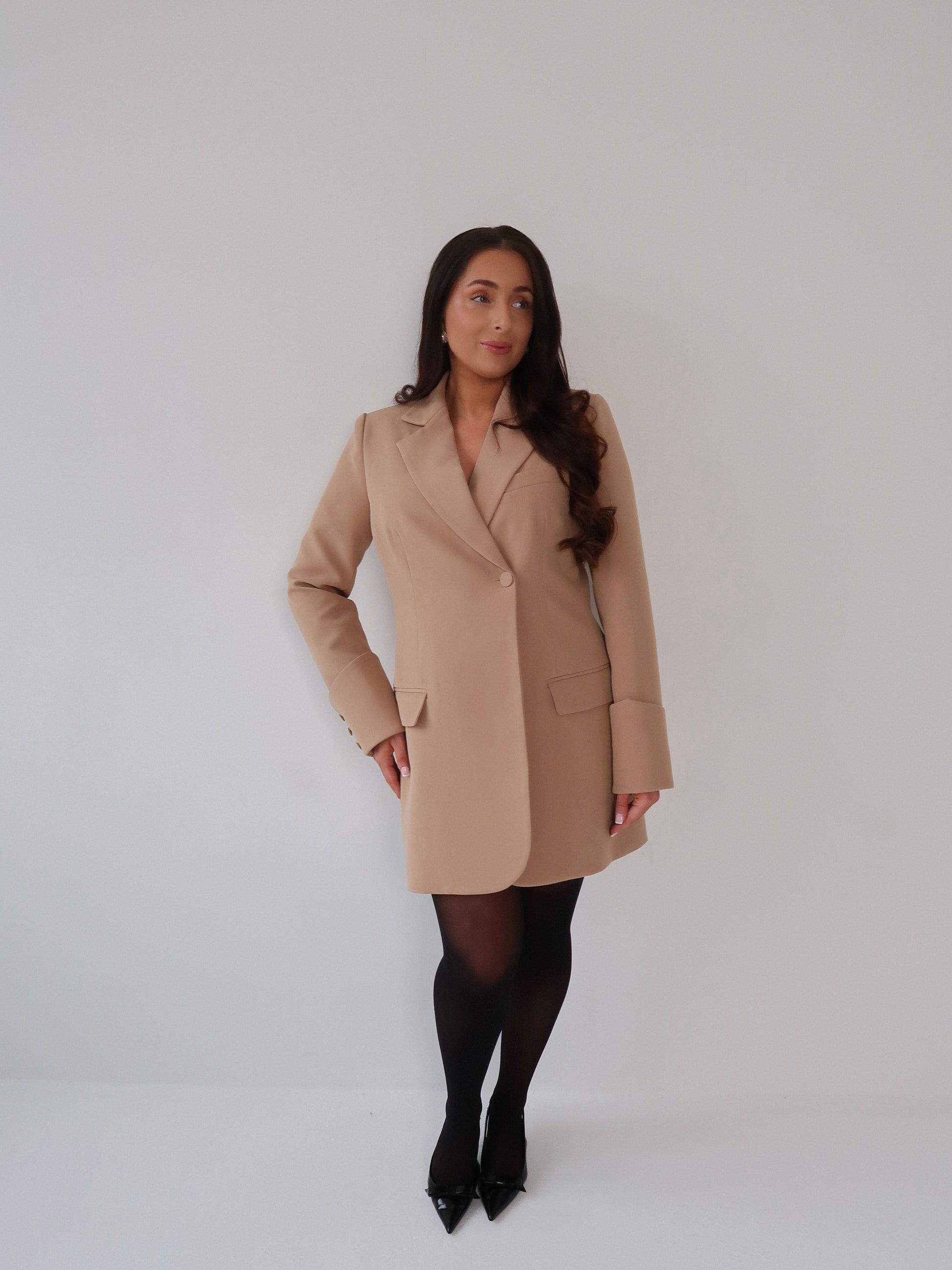 Caramel Creme, Beige, Blazer Dress, Tailored Dress. Belted Dress,Long Sleeve Dress, Chic Dress, Womens Blazer, Womens Blazer Dress, Burgundy Outfit, Camel Dress, Camel Blazer, Tan Dress, Tan Blazer