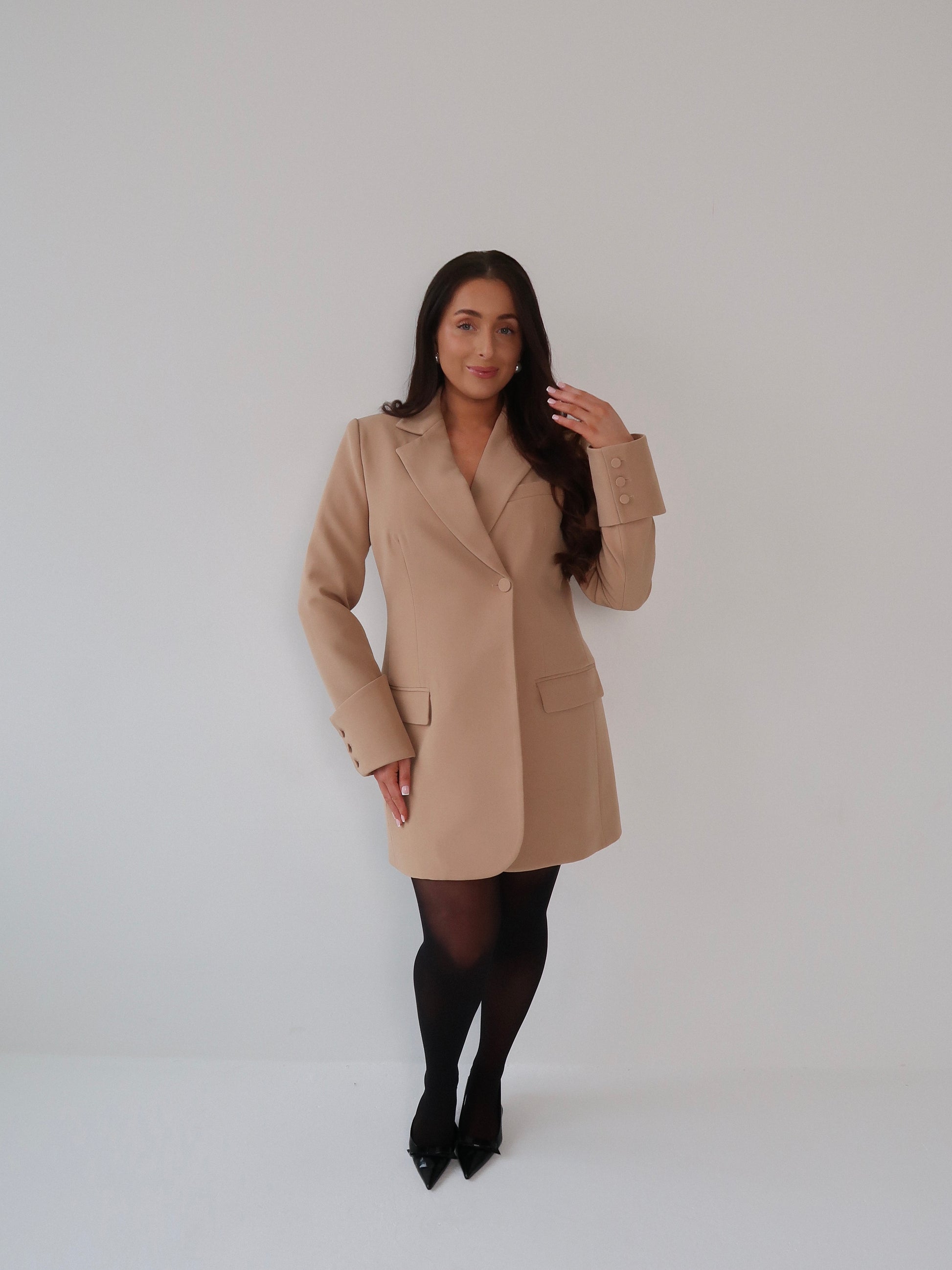 Caramel Creme, Beige, Blazer Dress, Tailored Dress. Belted Dress,Long Sleeve Dress, Chic Dress, Womens Blazer, Womens Blazer Dress, Burgundy Outfit, Camel Dress, Camel Blazer, Tan Dress, Tan Blazer