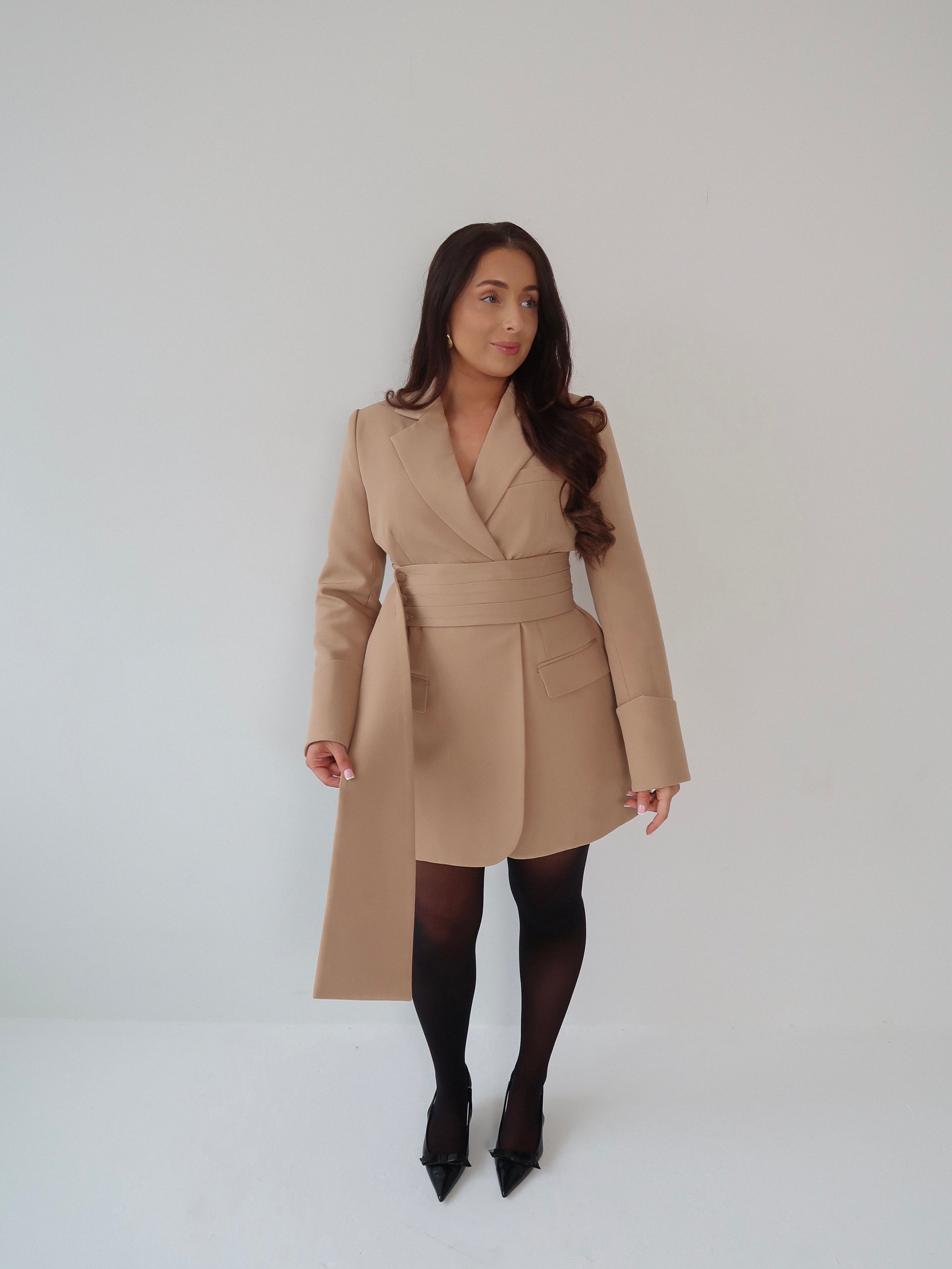 Caramel Creme, Beige, Blazer Dress, Tailored Dress. Belted Dress,Long Sleeve Dress, Chic Dress, Womens Blazer, Womens Blazer Dress, Burgundy Outfit, Camel Dress, Camel Blazer, Tan Dress, Tan Blazer