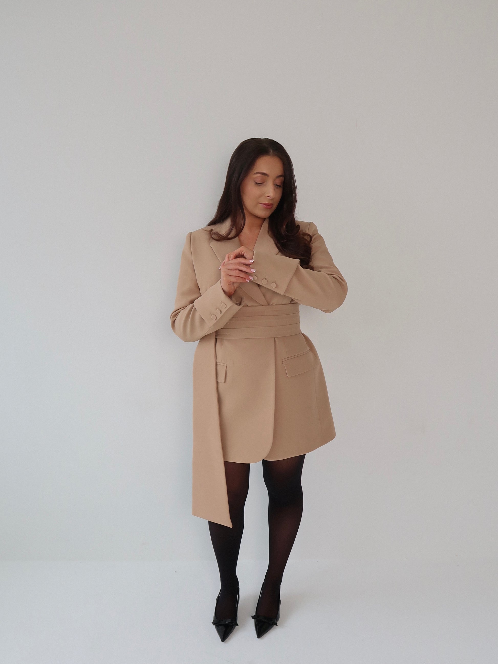 Caramel Creme, Beige, Blazer Dress, Tailored Dress. Belted Dress,Long Sleeve Dress, Chic Dress, Womens Blazer, Womens Blazer Dress, Burgundy Outfit, Camel Dress, Camel Blazer, Tan Dress, Tan Blazer