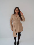 Caramel Creme, Beige, Blazer Dress, Tailored Dress. Belted Dress,Long Sleeve Dress, Chic Dress, Womens Blazer, Womens Blazer Dress, Burgundy Outfit, Camel Dress, Camel Blazer, Tan Dress, Tan Blazer