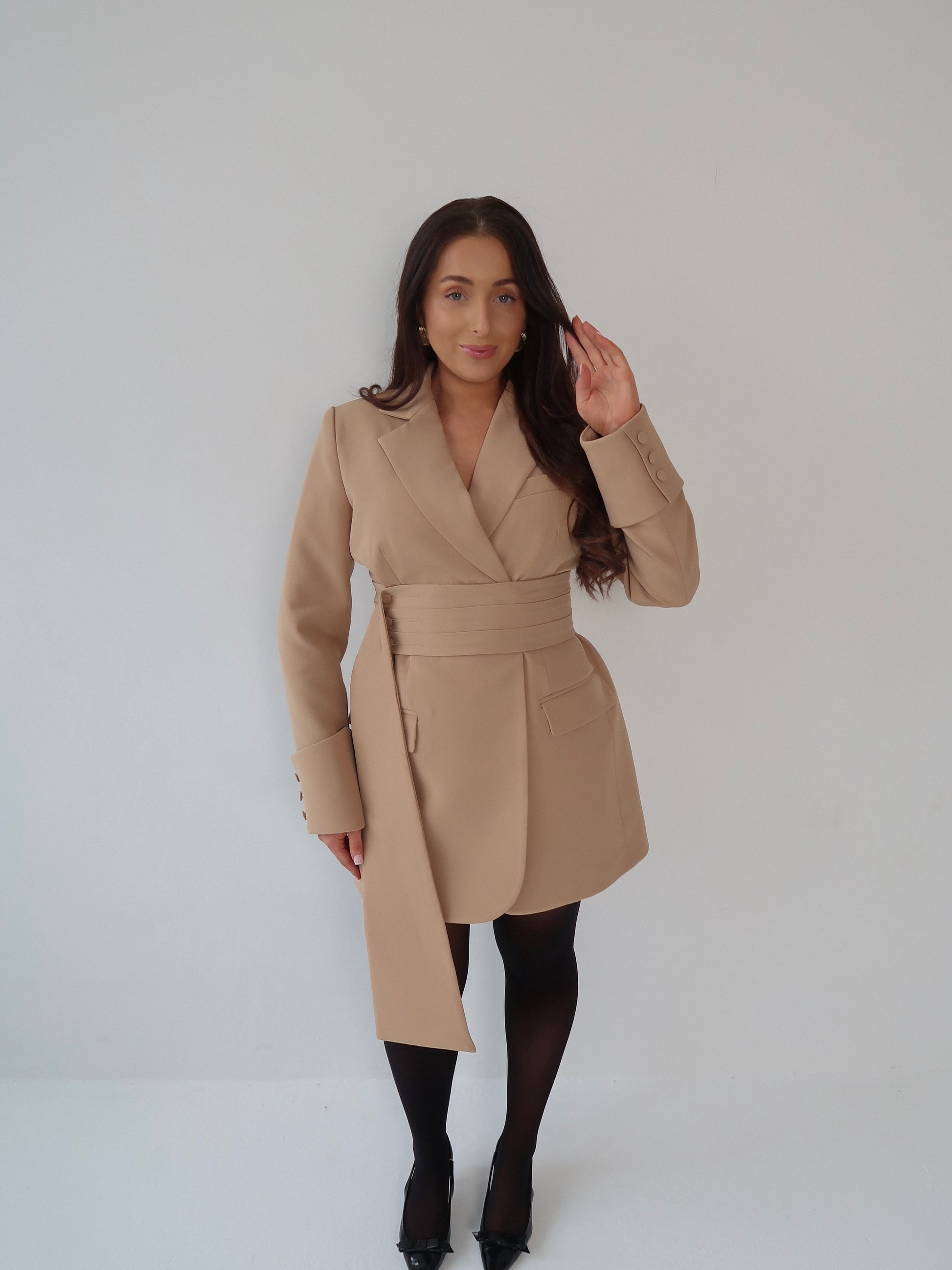 Caramel Creme, Beige, Blazer Dress, Tailored Dress. Belted Dress,Long Sleeve Dress, Chic Dress, Womens Blazer, Womens Blazer Dress, Burgundy Outfit, Camel Dress, Camel Blazer, Tan Dress, Tan Blazer