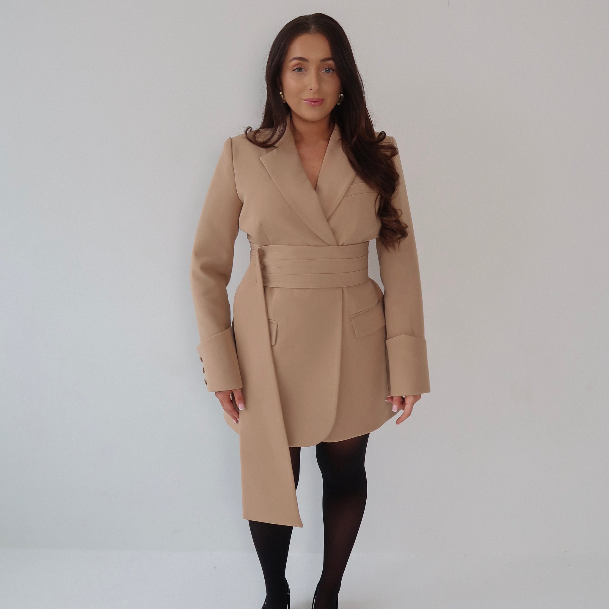 Caramel Creme, Beige, Blazer Dress, Tailored Dress. Belted Dress,Long Sleeve Dress, Chic Dress, Womens Blazer, Womens Blazer Dress, Camel Outfit, Camel Dress, Camel Blazer, Tan Dress, Tan Blazer