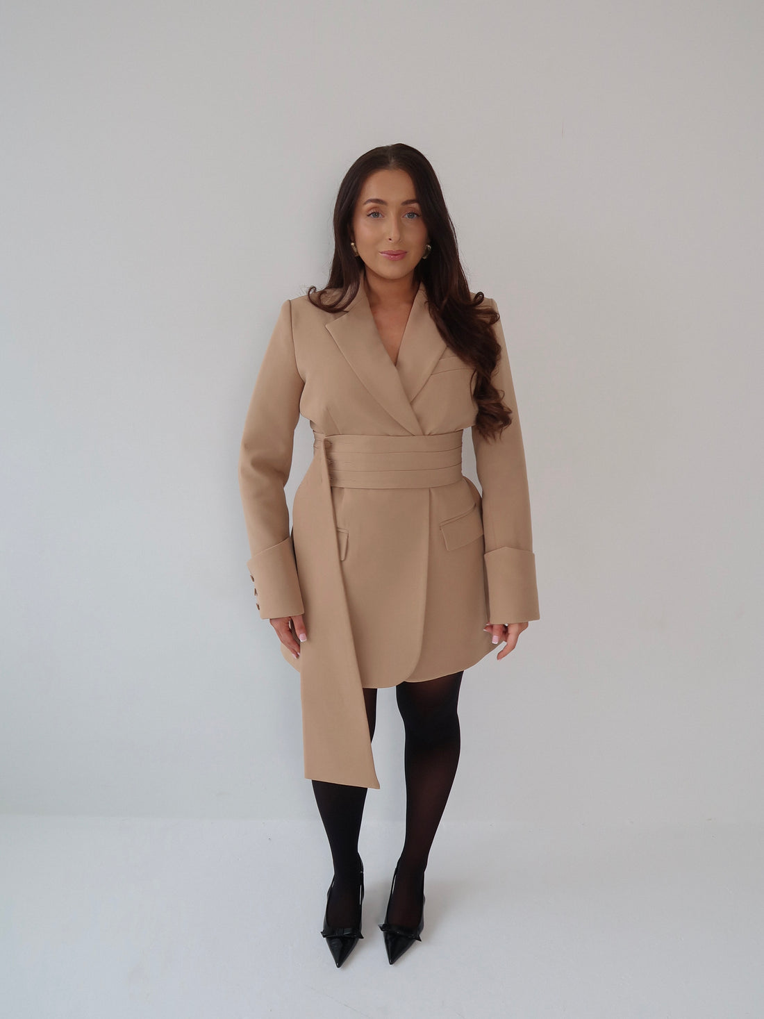 Caramel Creme, Beige, Blazer Dress, Tailored Dress. Belted Dress,Long Sleeve Dress, Chic Dress, Womens Blazer, Womens Blazer Dress, Camel Outfit, Camel Dress, Camel Blazer, Tan Dress, Tan Blazer