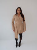 Caramel Creme, Beige, Blazer Dress, Tailored Dress. Belted Dress,Long Sleeve Dress, Chic Dress, Womens Blazer, Womens Blazer Dress, Camel Outfit, Camel Dress, Camel Blazer, Tan Dress, Tan Blazer