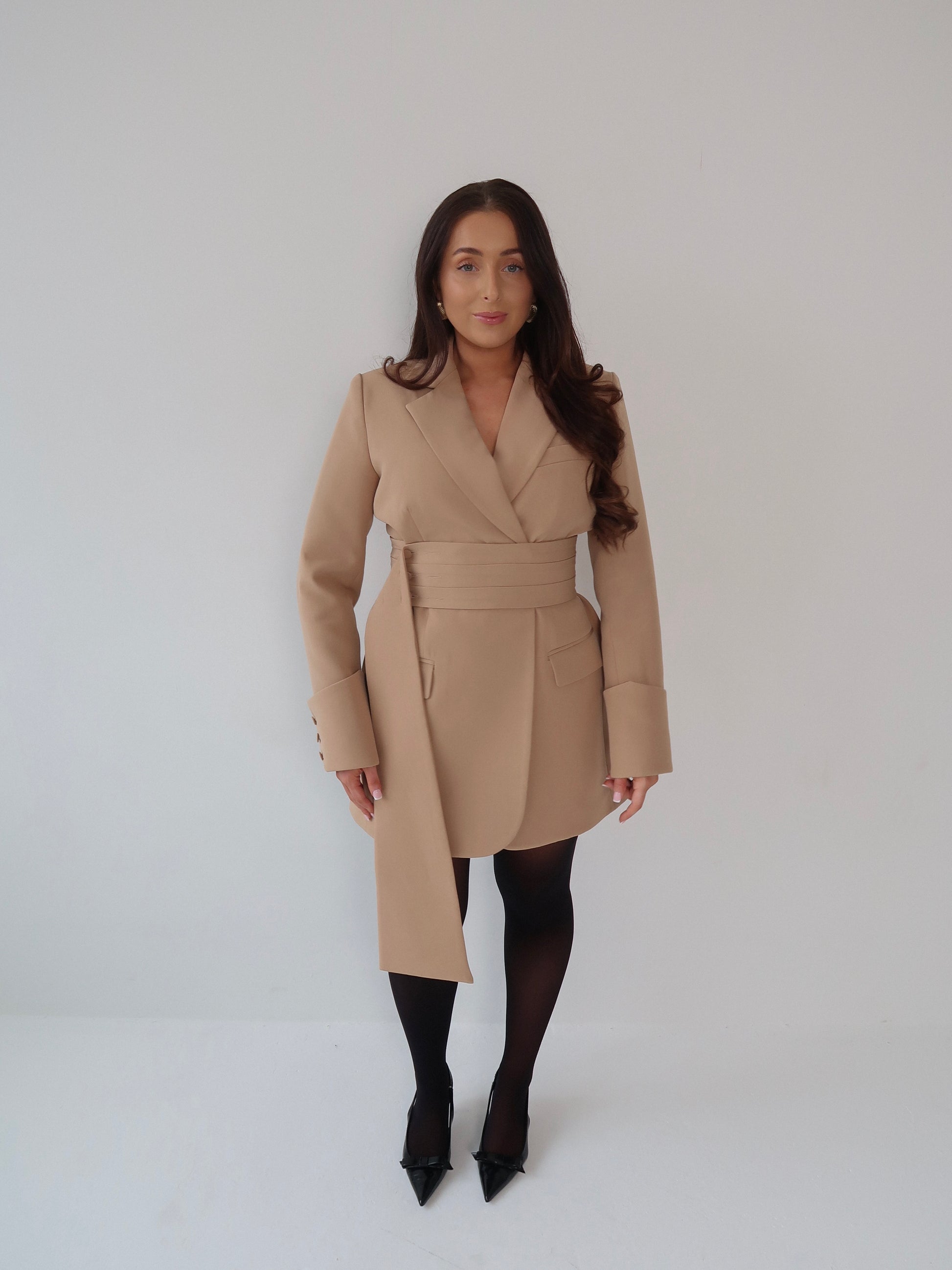 Caramel Creme, Beige, Blazer Dress, Tailored Dress. Belted Dress,Long Sleeve Dress, Chic Dress, Womens Blazer, Womens Blazer Dress, Camel Outfit, Camel Dress, Camel Blazer, Tan Dress, Tan Blazer