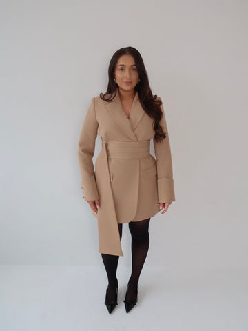 Caramel Creme, Beige, Blazer Dress, Tailored Dress. Belted Dress,Long Sleeve Dress, Chic Dress, Womens Blazer, Womens Blazer Dress, Camel Outfit, Camel Dress, Camel Blazer, Tan Dress, Tan Blazer