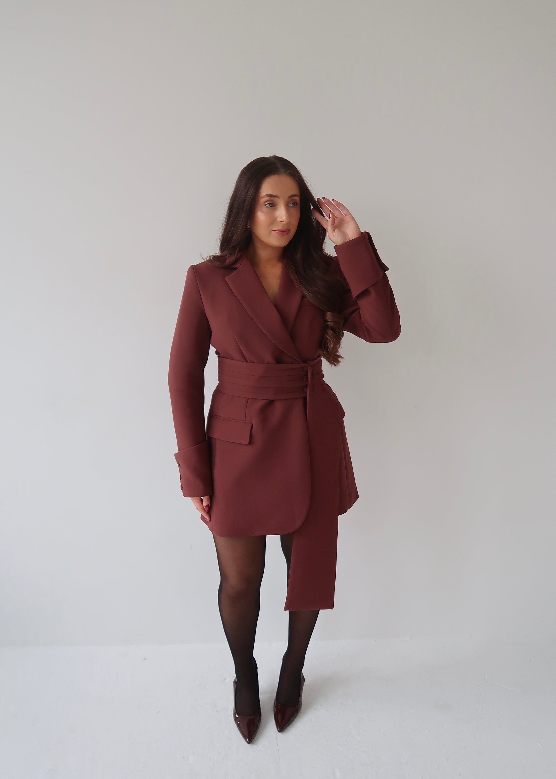 Cherry Chocolate, Burgundy, Blazer Dress, Tailored Dress. Belted Dress,Long Sleeve Dress, Chic Dress, Womens Blazer, Womens Blazer Dress, Burgundy Outfit, Burgundy Dress