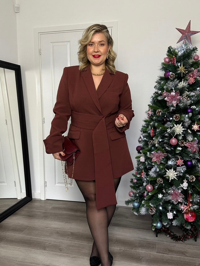 Cherry Chocolate, Burgundy, Blazer Dress, Tailored Dress. Belted Dress,Long Sleeve Dress, Chic Dress, Womens Blazer, Womens Blazer Dress, Burgundy Outfit, Burgundy Dress