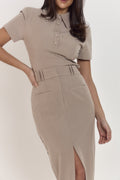 Tailored pinstripe polo top and midi skirt set in neutral taupe for polished workwear dressing.