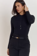 Soft black cotton ribbed bodysuit with flattering slim fit and button neckline.