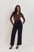 Soft cotton ribbed brown bodysuit with flattering slim fit and button neckline.