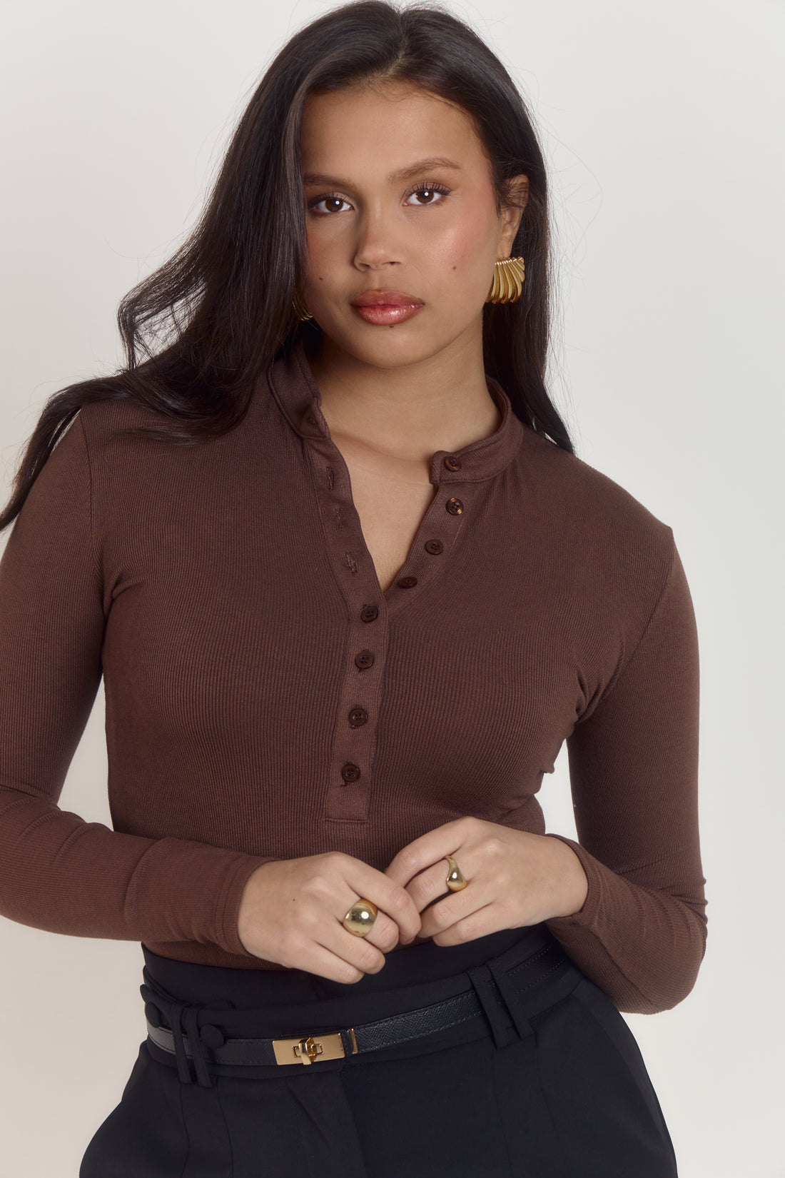 Ultra soft cotton rib bodysuit in cocoa tone with sculpted flattering shape.