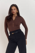 Brown cotton ribbed bodysuit with classic Henley neckline and no gape bust design.