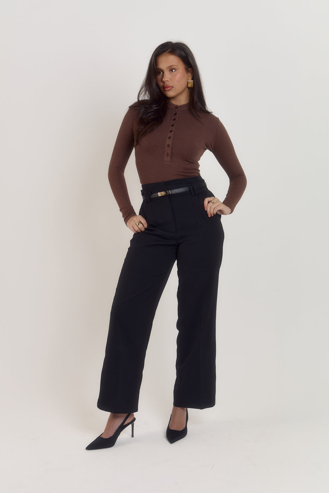 Ultra soft cotton rib bodysuit in cocoa tone with sculpted flattering shape.
