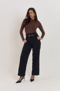 Cocoa brown cotton ribbed long sleeve bodysuit with pearlised button front and fitted silhouette.