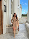 Front view of the Signature Oversized Belted Blazer Dress in Caramel Crème by Ardore London, featuring an oversized silhouette with a belted waist, soft caramel tone, and structured tailoring for effortless modern elegance