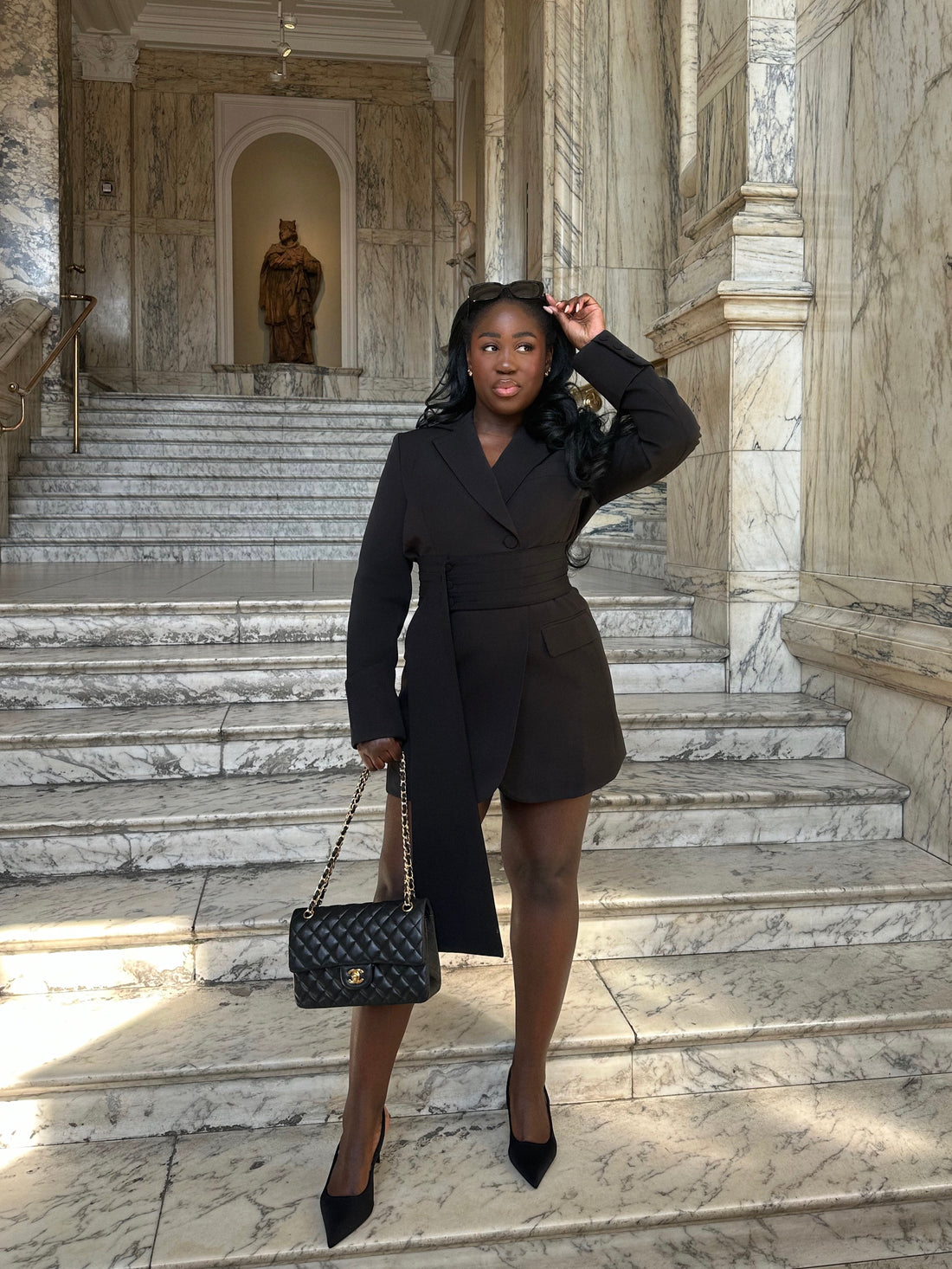 Front view of the Signature Oversized Belted Blazer Dress in Classic Noire by Ardore London, featuring a cinched waist with a tailored belt, structured shoulders, and sharp lapels — a bold and versatile piece perfect for elevated office style and chic evening wear.