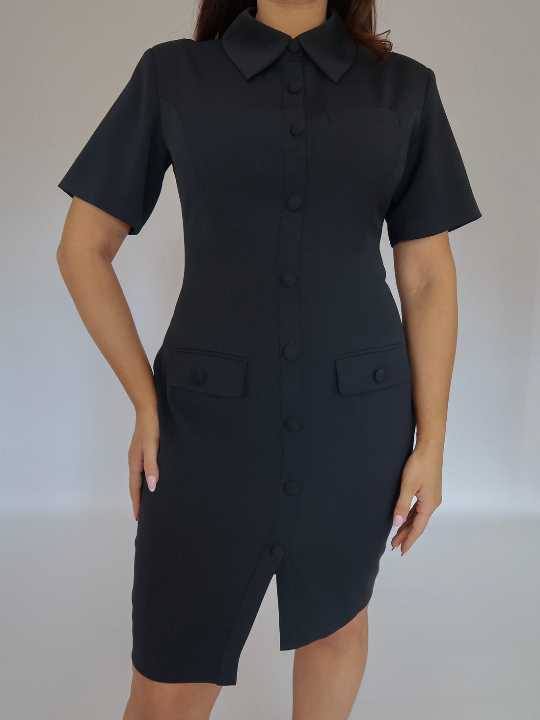 Sculpting Short Sleeve Buttoned Knee Length Dress | Midnight Bleu