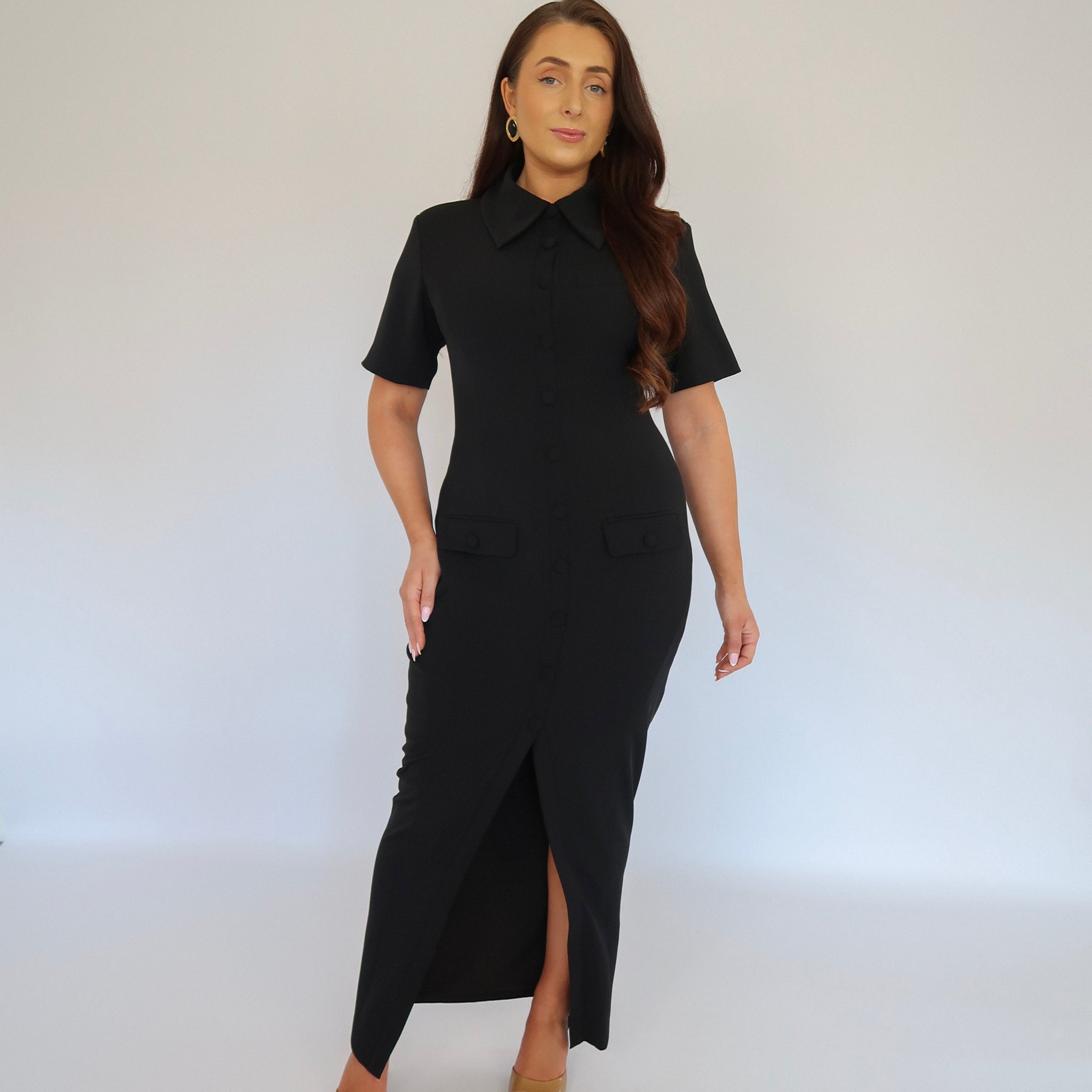 Sculpting Short Sleeve Buttoned Maxi Dress | Classic Noire