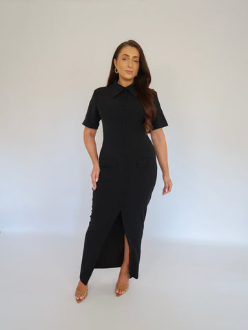 Sculpting Short Sleeve Buttoned Maxi Dress | Classic Noire