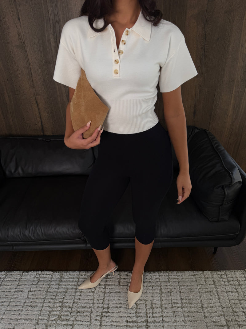 Structured Sculpting Knitted Polo | Soft Ivory