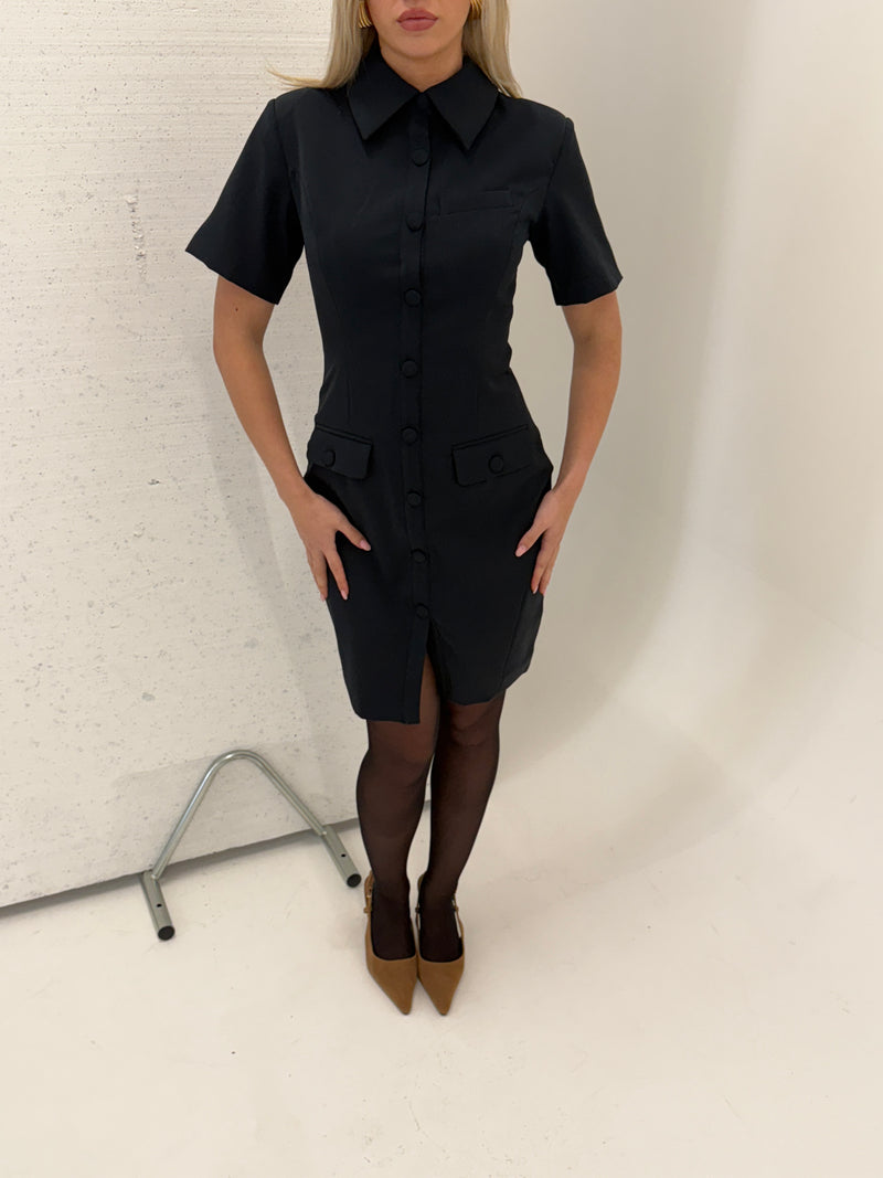 Short Sleeve Sculpting Buttoned Dress | Midnight Bleu